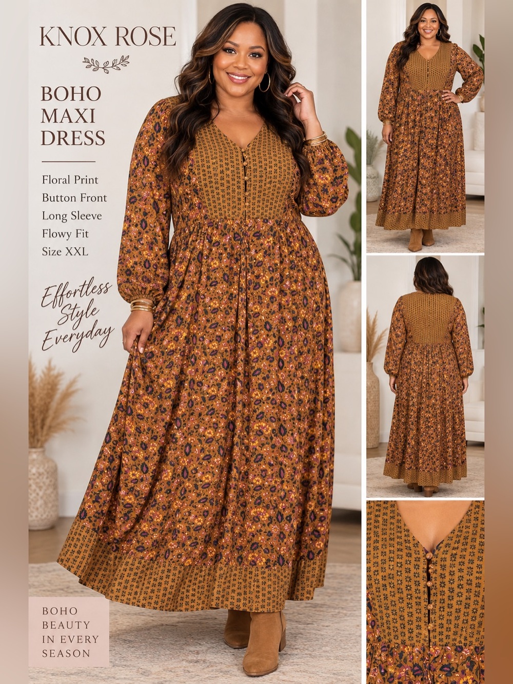 Knox Rose XXL Boho Floral Paisley Maxi Dress Long Sleeve Button Front - Picture 2 of 9